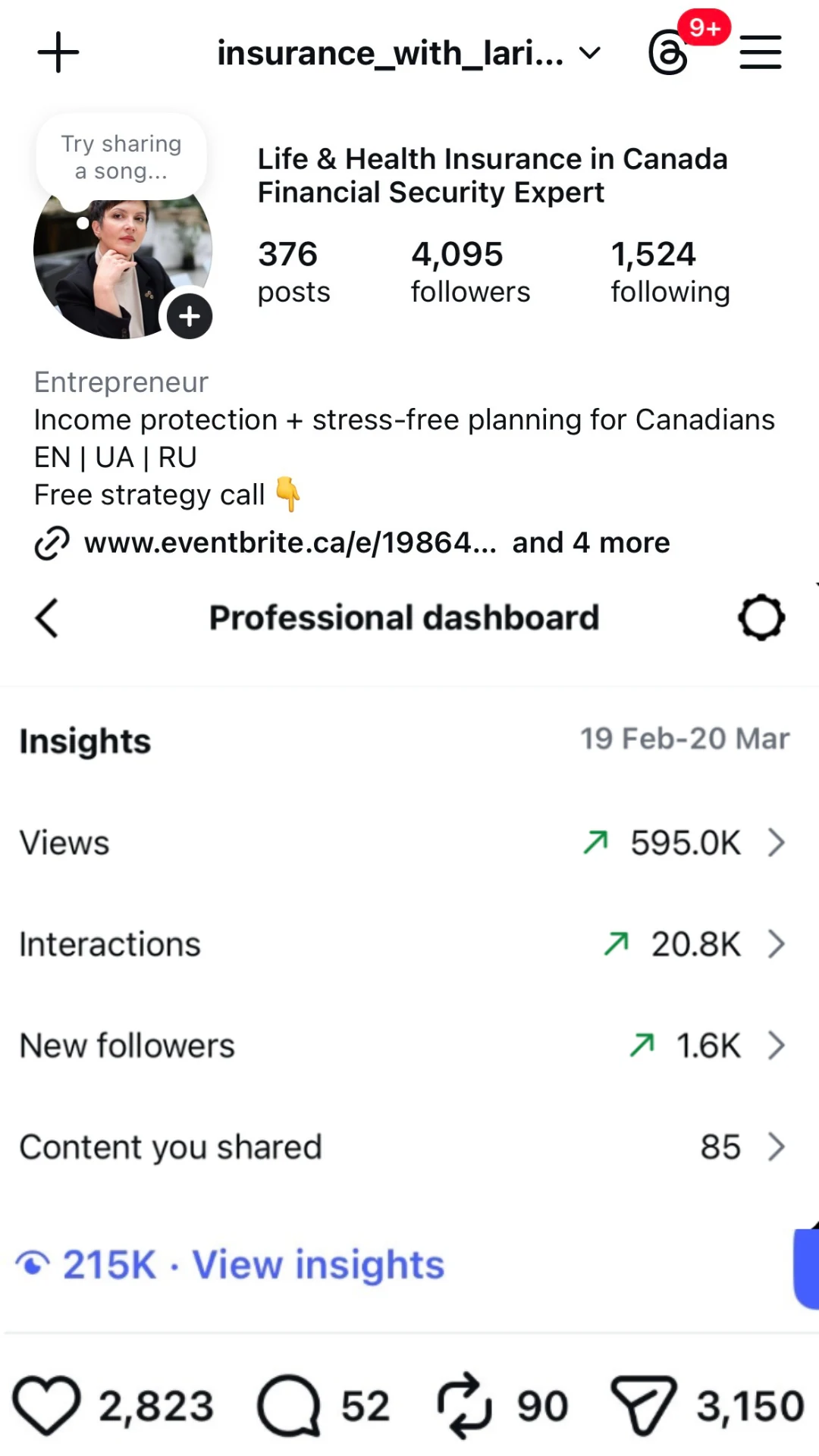 Larisa Belikova Instagram profile after 12 months: 4,095 followers, financial security expert positioning