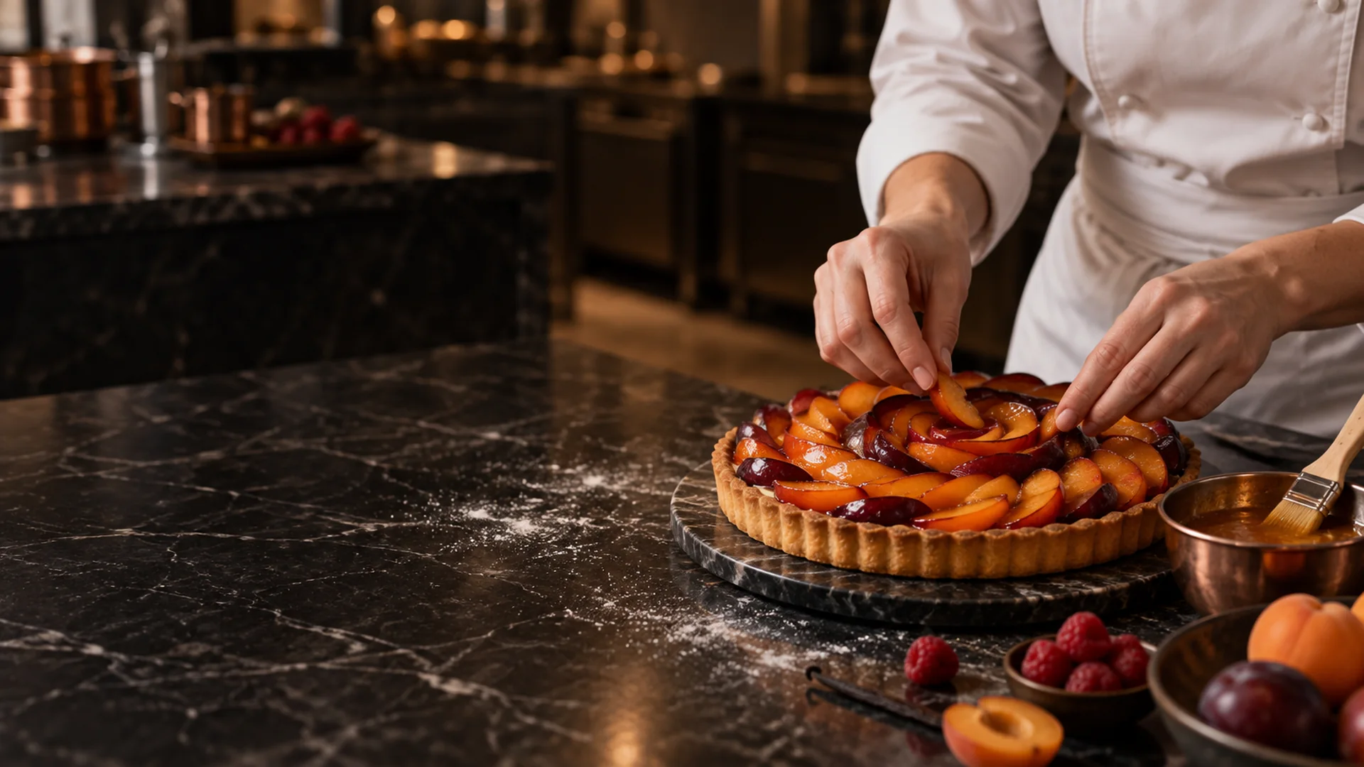 Pastry chef hands arranging glazed apricots and plums on a French fruit tart