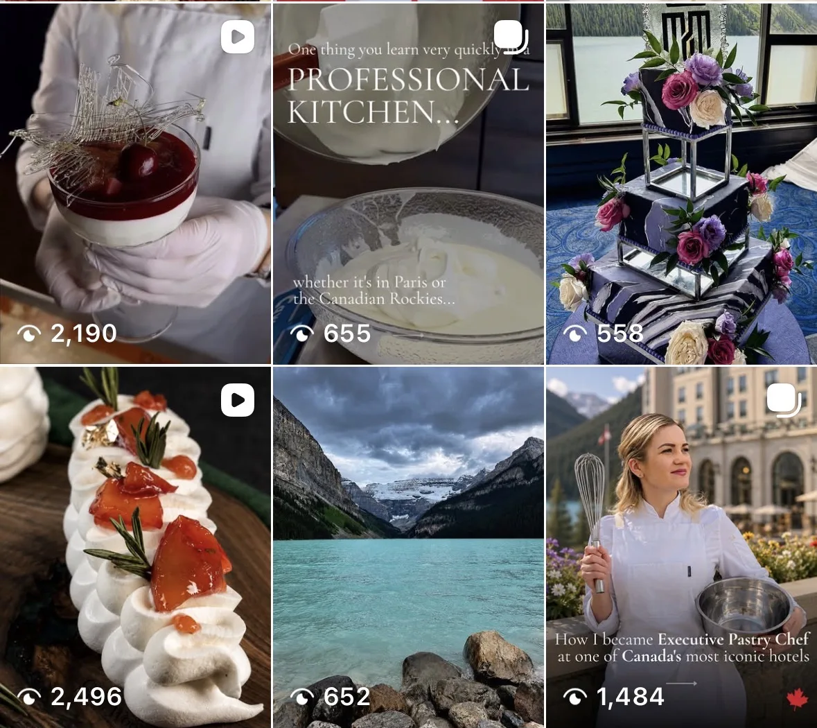 Instagram posts with serif titles: Professional kitchen, How I became Executive Pastry Chef, Peach and Rosemary Pavlova