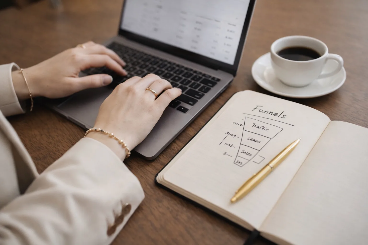 Hands typing on a laptop next to a notebook sketch of a marketing funnel: traffic, leads, sales.