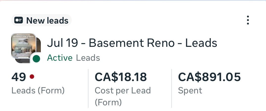 Meta Ads campaign results: 49 renovation leads from $891 in ad spend