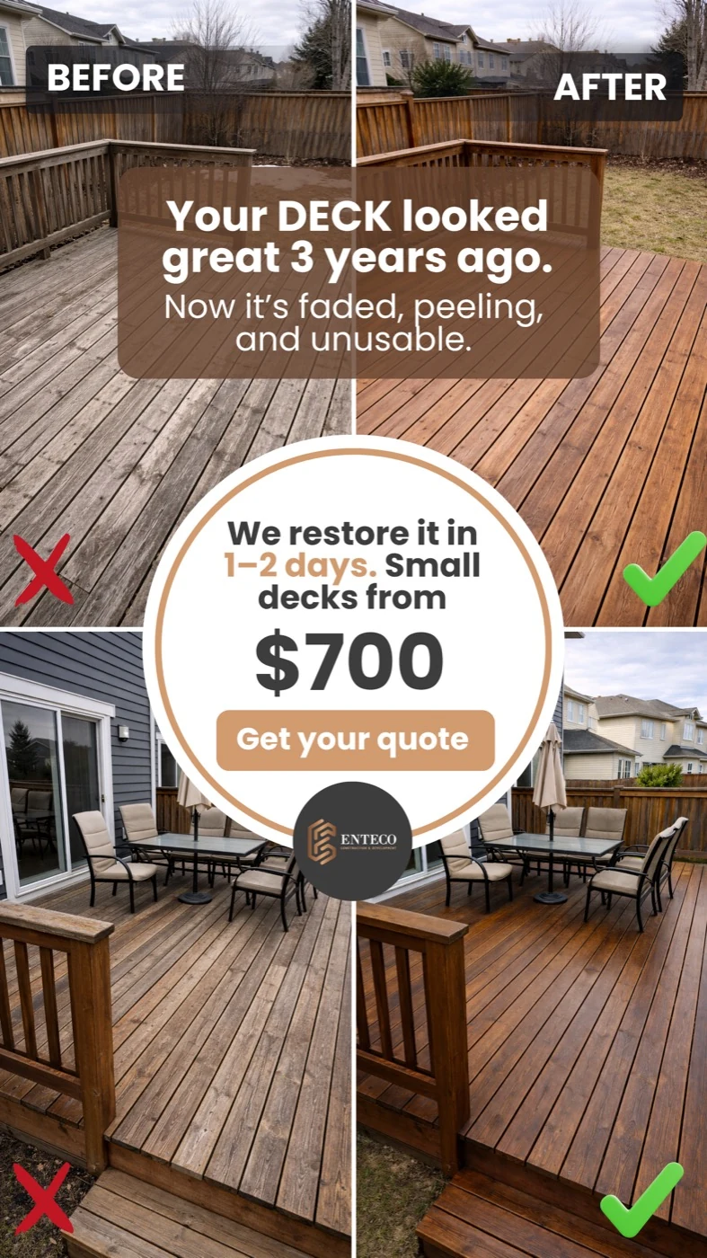 Enteco deck restoration ad creative built from before and after project photos