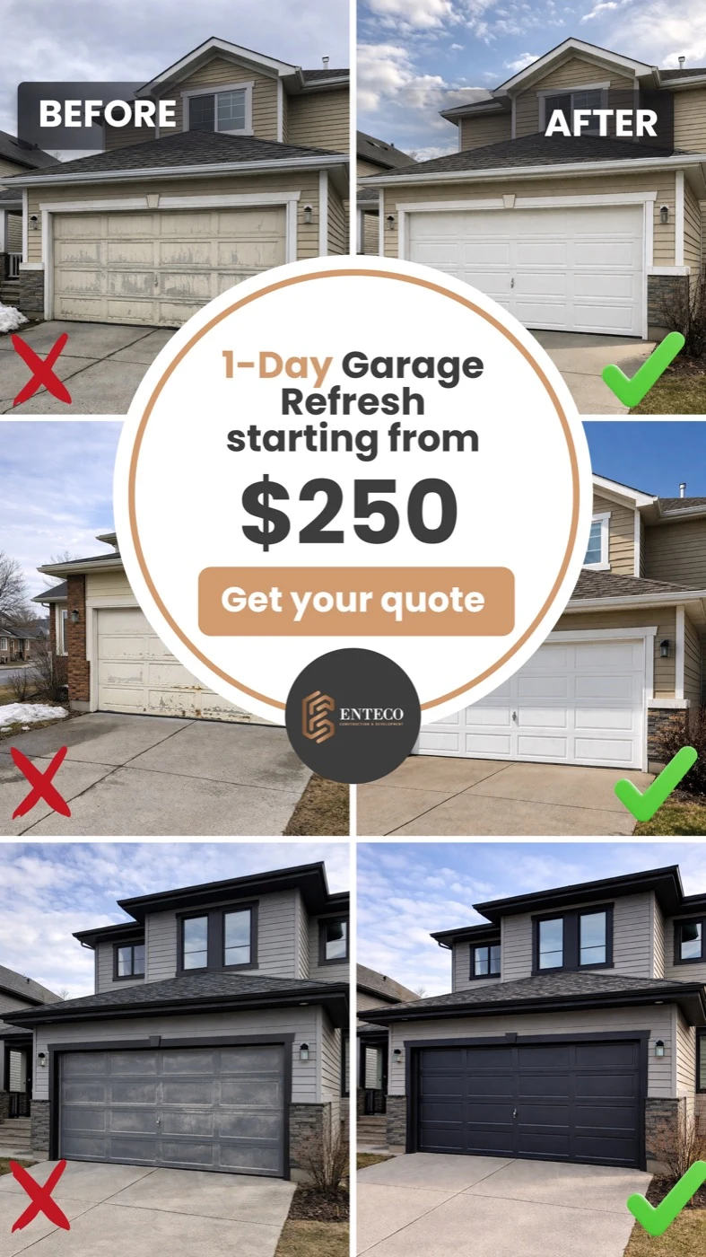 Enteco garage door refresh ad creative built from before and after project photos