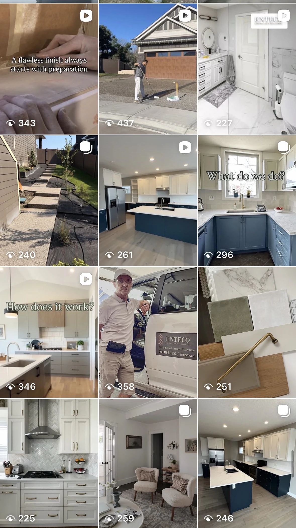 Enteco Instagram feed before: mixed styles and a few hundred views per post