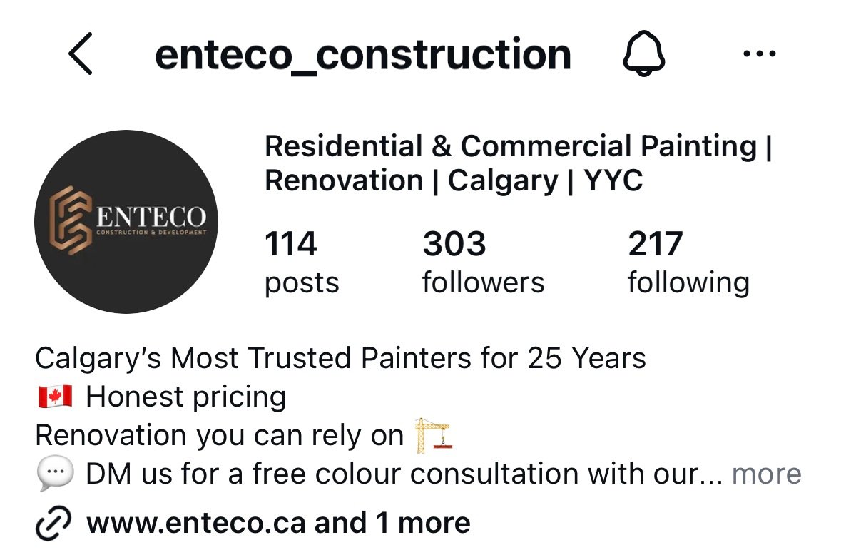 Enteco Instagram profile after: new logo, clear Calgary service line, 303 followers