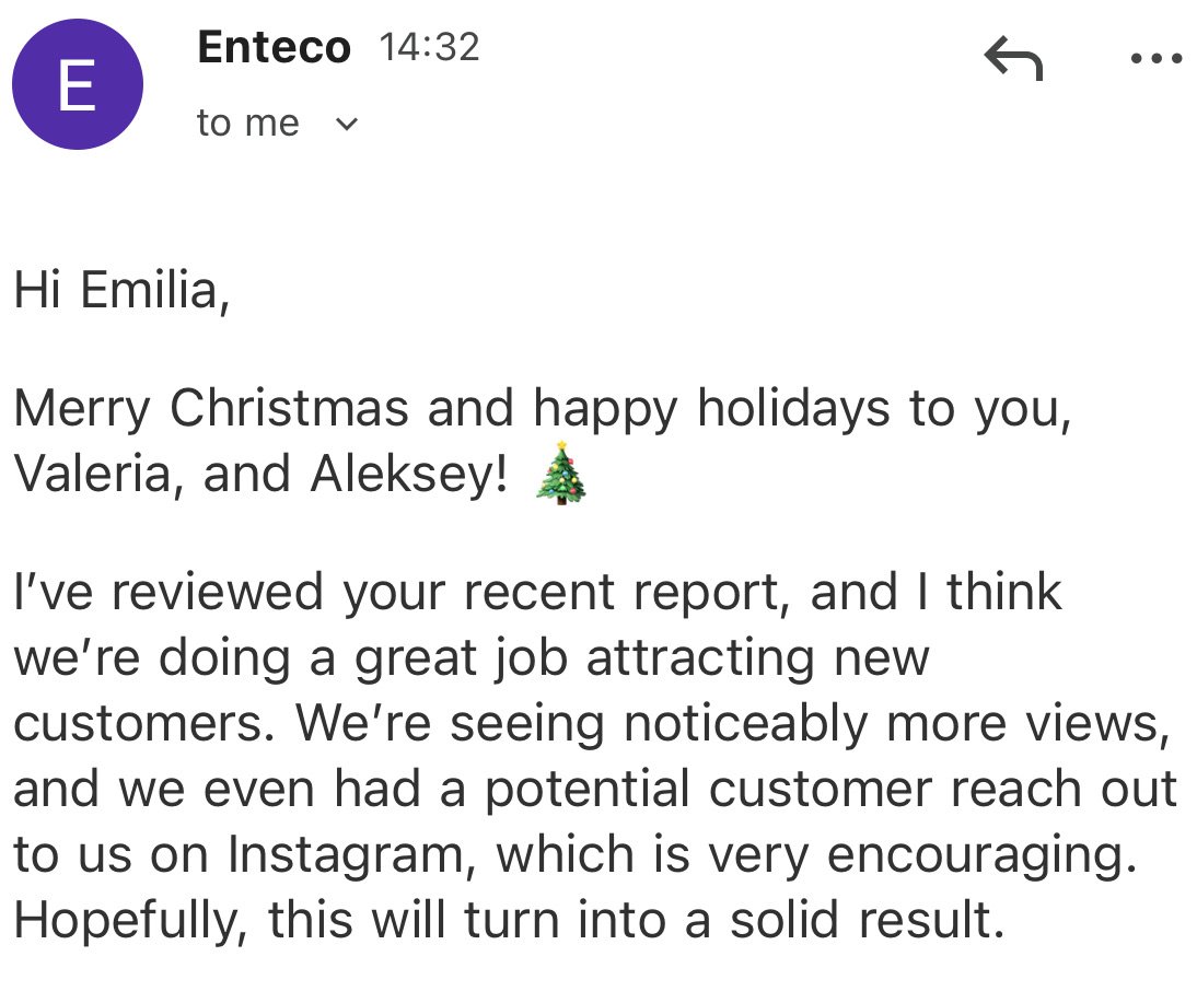 Email from Enteco noting more views and an enquiry through Instagram